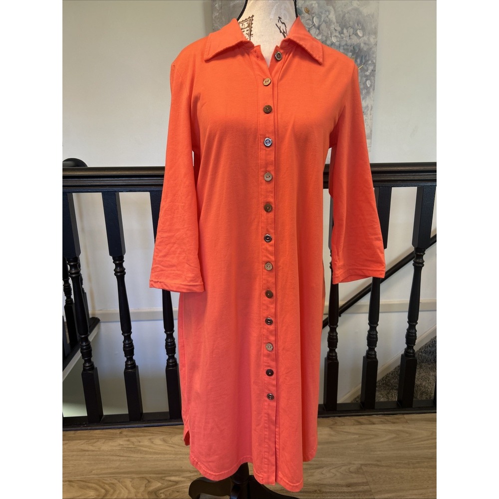NEON BUDDHA Shirt Dress Midi Jersey Stretch Roll Tab Sleeve Button Front Small